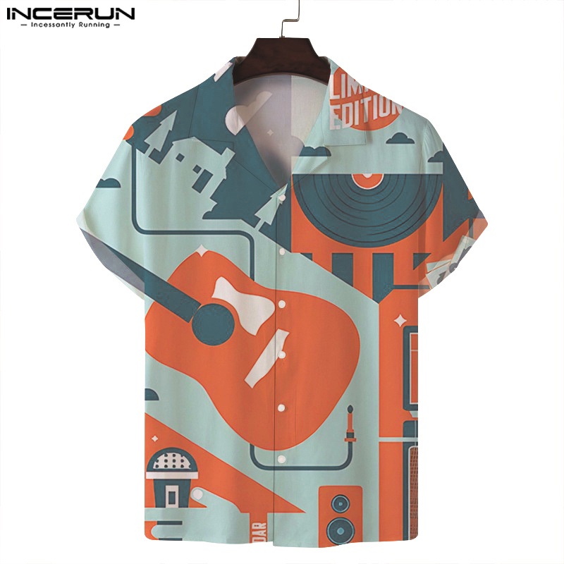 Áo sơ mi INCERUN ngắn tay in hình phím đàn piano thời trang dành cho nam