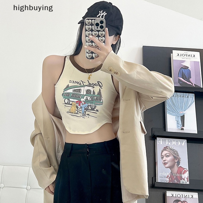 Áo Hai Dây Cổ Tròn In Họa Tiết Màu Sắc Tương Phản Phong Cách Retro Cho Nữ