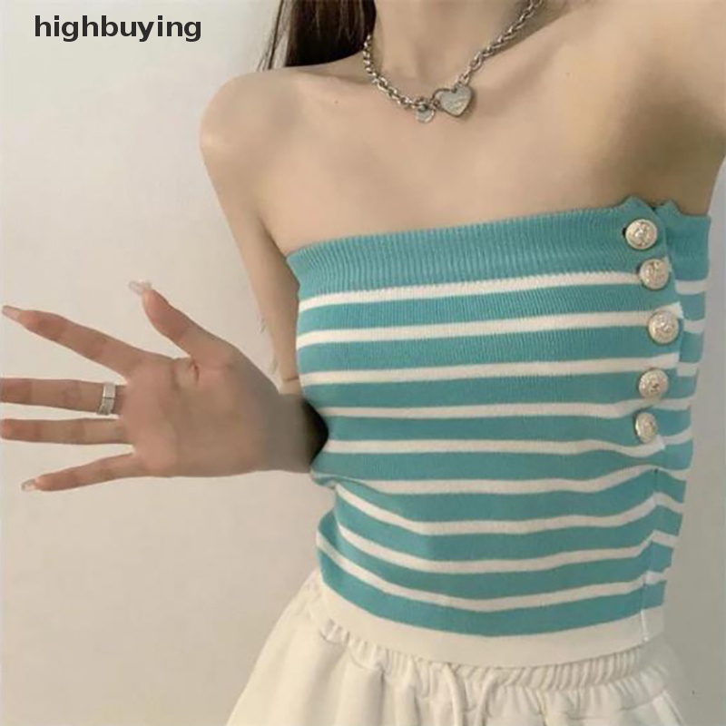 Áo Hai Dây Dệt Kim Cài Nút Họa Tiết Kẻ Sọc Thời Trang Mùa Hè Quyến Rũ Cho Nữ