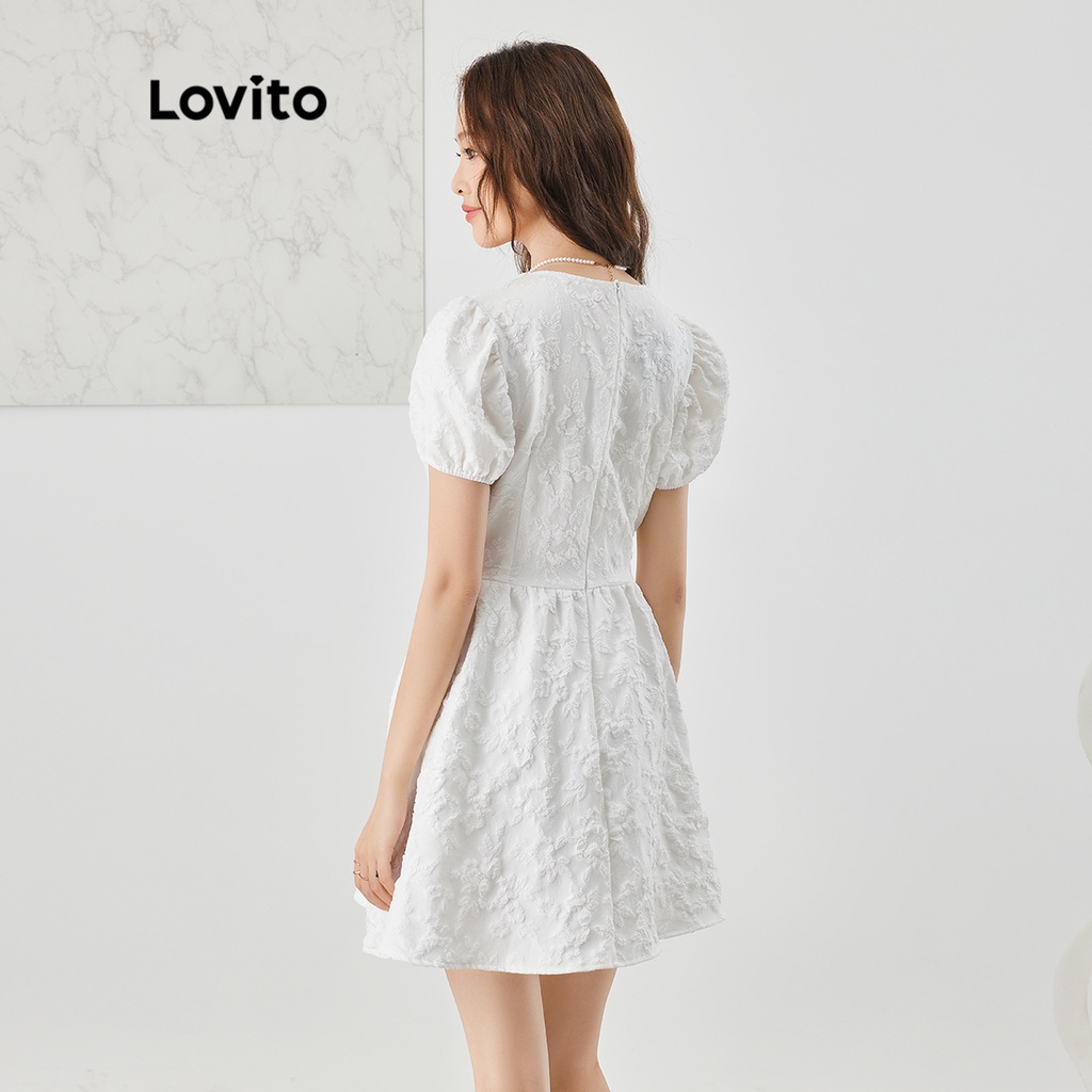 Đầm ôm dáng Lovito tay phồng khóa sau thắt nơ trước phong cách cổ điển thanh lịch cơ bản cho nữ L47AD042 (màu trắng)