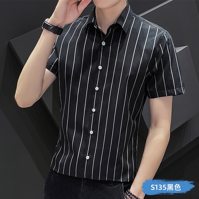 Áo Sơ Mi Lụa Tay Ngắn Họa Tiết Kẻ Sọc Thời Trang Mùa Hè Phong Cách Anh Quốc Mới Cho Nam