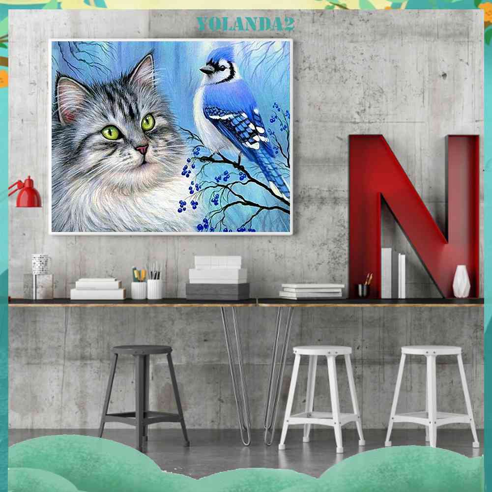 Bộ Tranh Đính Đá Toàn Diện Họa Tiết Mèo Và Chim Độc Đáo Trang Trí Nhà Cửa