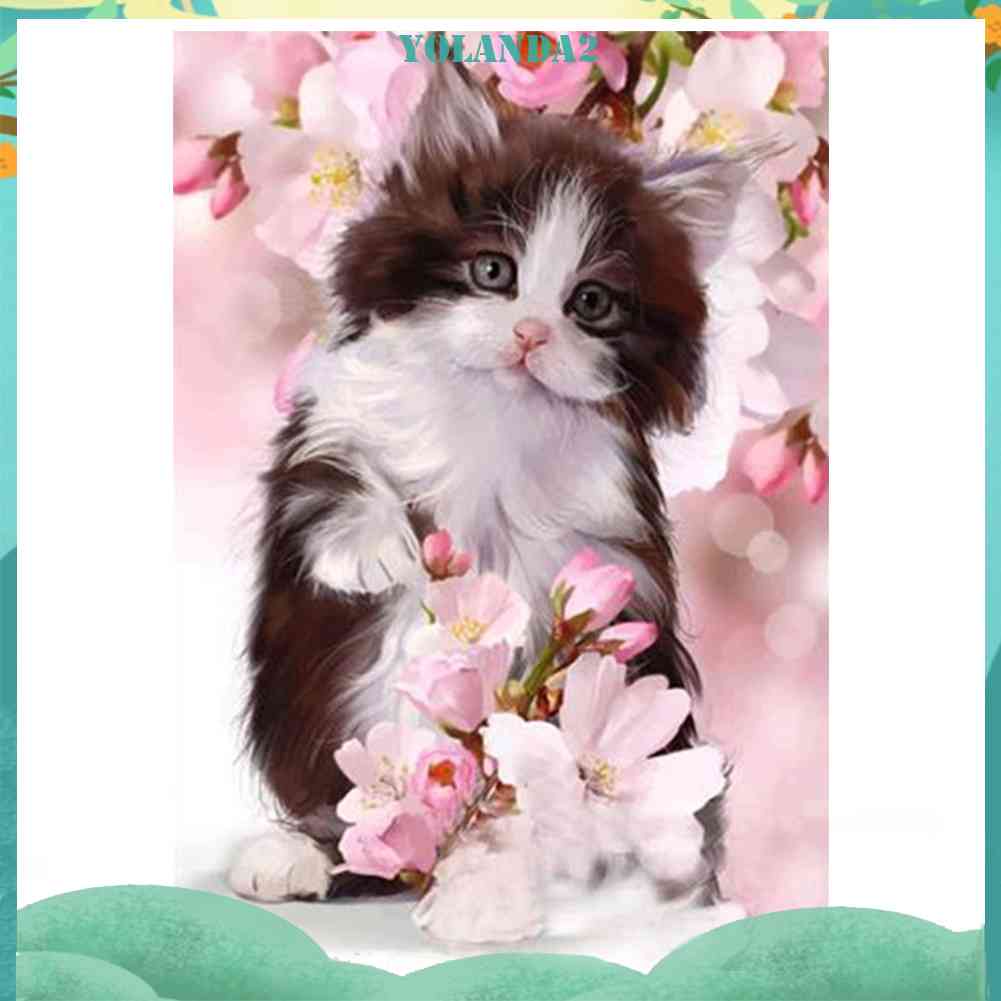 Tranh Thêu Trang Trí Thủ Công 5D Hình Mèo Và Hoa (Mũi Thêu Hình X)