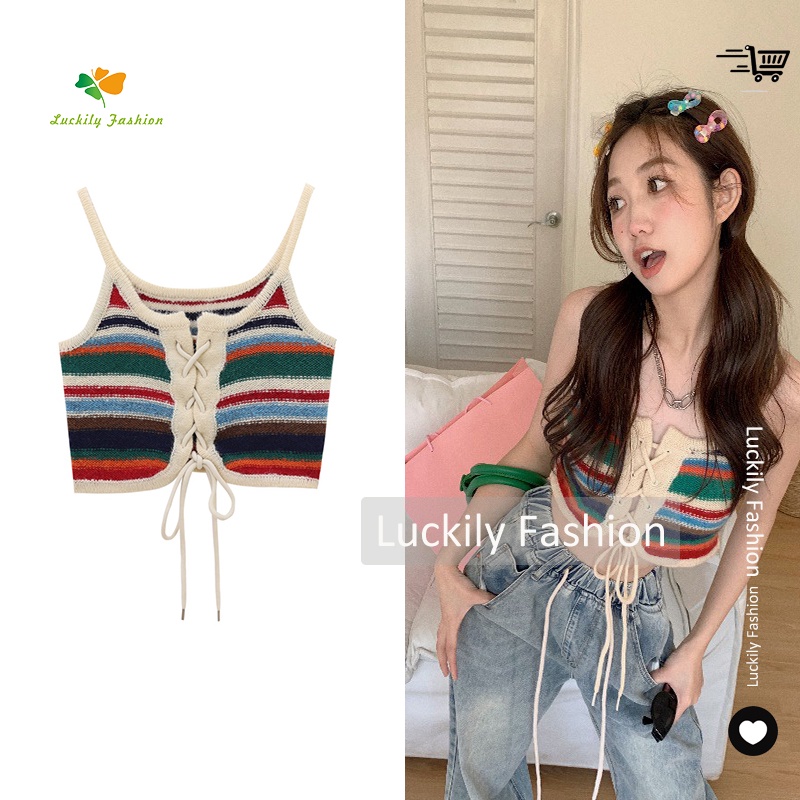 Áo Croptop Hai Dây Ôm Dáng Màu Cầu Vồng Phong Cách Bohemian Thời Trang 2023