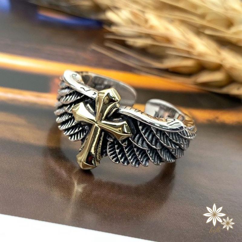 Nhẫn Hở In Chữ Thập Và Đôi Cánh Graffiti Cá Tính Phong Cách Vintage Cho Nam