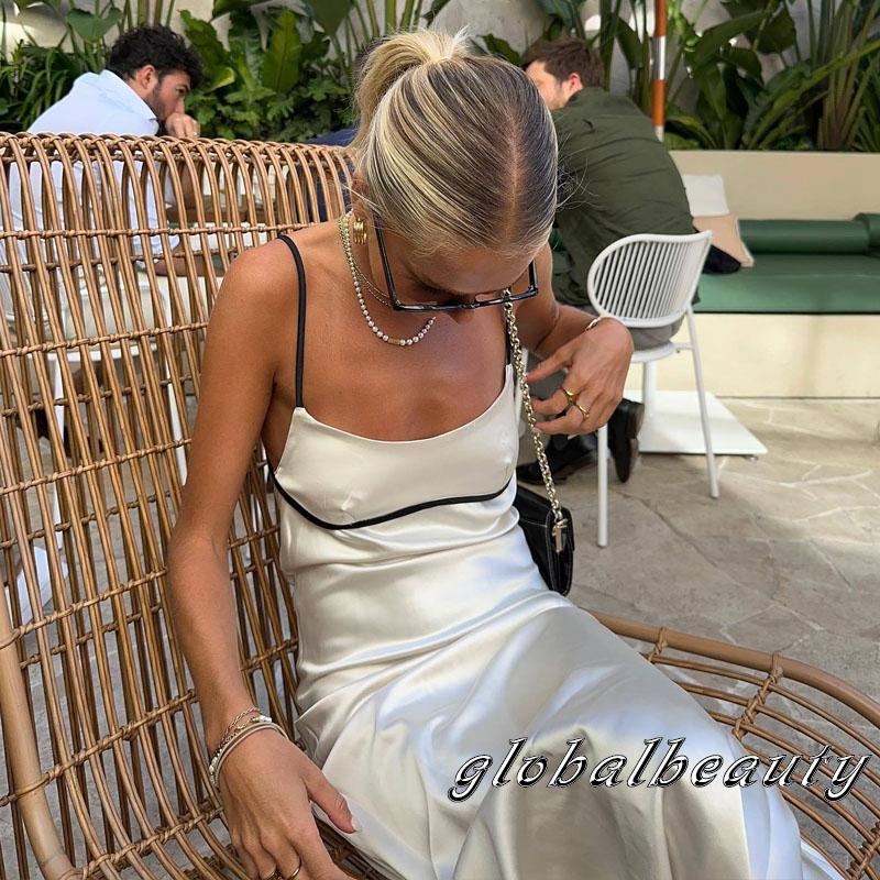 Đầm Dài Không Tay Vải Satin Hở Lưng Màu Sắc Tương Phản Dành Cho Nữ