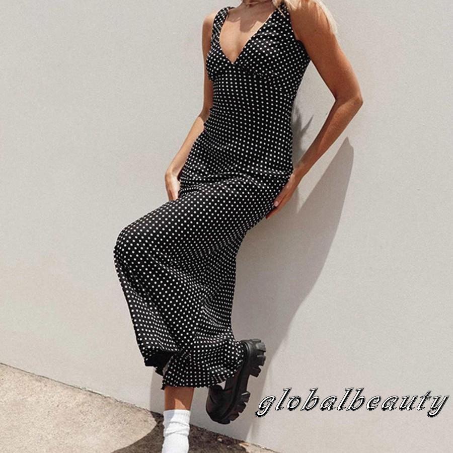 Đầm Dài Không Tay Cổ Chữ V Họa Tiết Chấm Bi Thời Trang Mùa Hè Cho Nữ
