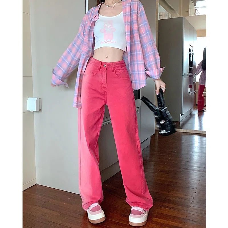 Quần Jean Nữ Ống Rộng Lưng Cao Màu Hồng Gradient Phong Cách Retro Mới