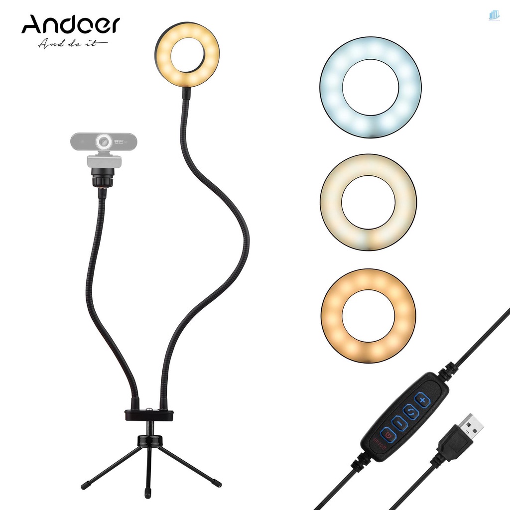 Vòng Đèn LED Andoer 3.5-inch 5W 3 Màu 3800K-6800K Có Thể Điều Chỉnh Độ Sáng Với Giá Đỡ 1 / 4 Cho Máy Ảnh Để Bàn
