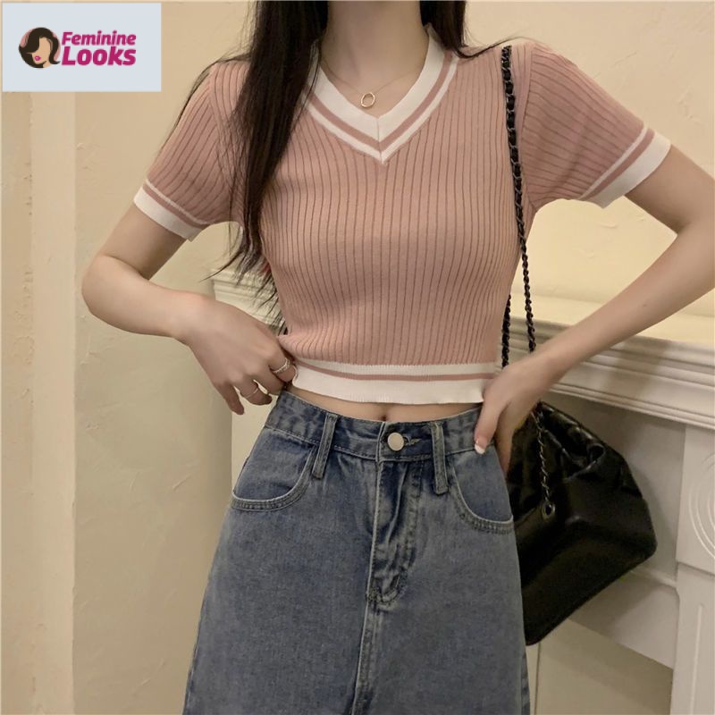 Áo Thun Dệt Kim Ngắn Tay Cổ Chữ V Lưng Cao Thời Trang Pháp