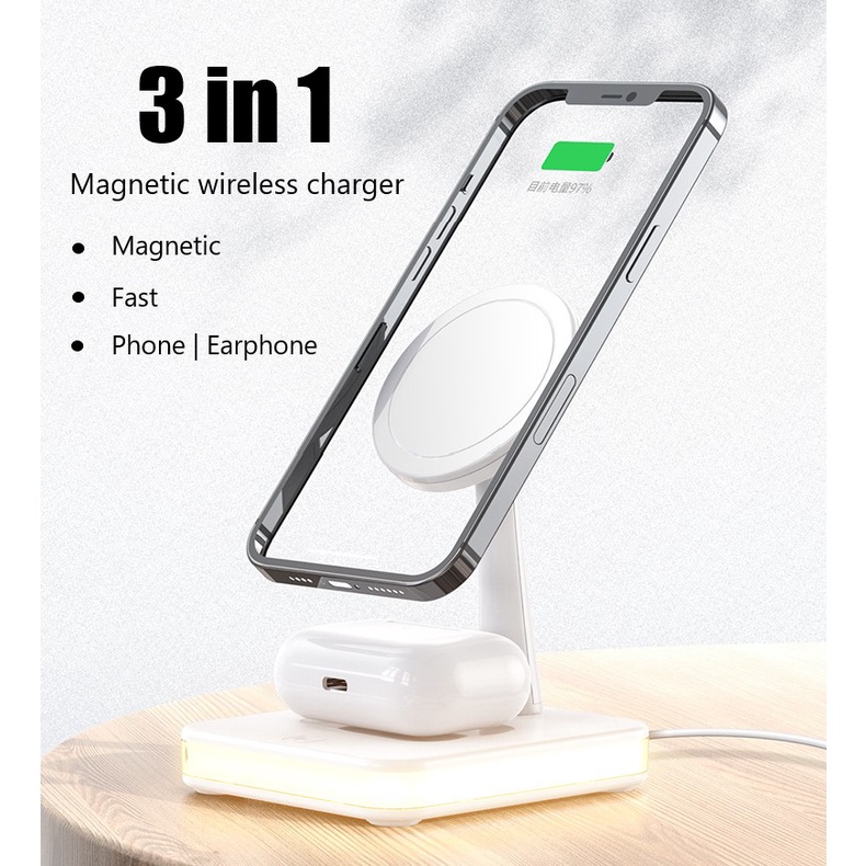 Đế Sạc Từ Tính Không Dây NUOWA 15W 3 Trong 1 Đa Năng Có Đèn LED Cho Điện Thoại Apple