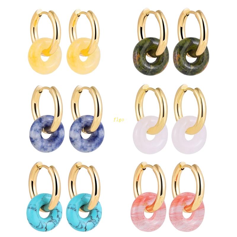 Khuyên Tai Tròn Bằng Thép Không Gỉ Đính Đá Tự Nhiên Nhiều Màu Phong Cách Boho