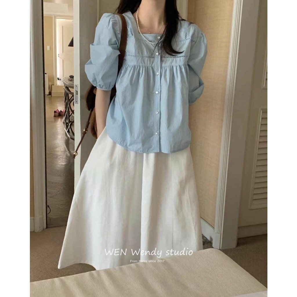 Áo Kiểu Cổ Vuông Tay Ngắn Dáng Rộng Phong Cách Hàn Quốc Thời Trang Mùa Hè Xinh Xắn Cho Nữ