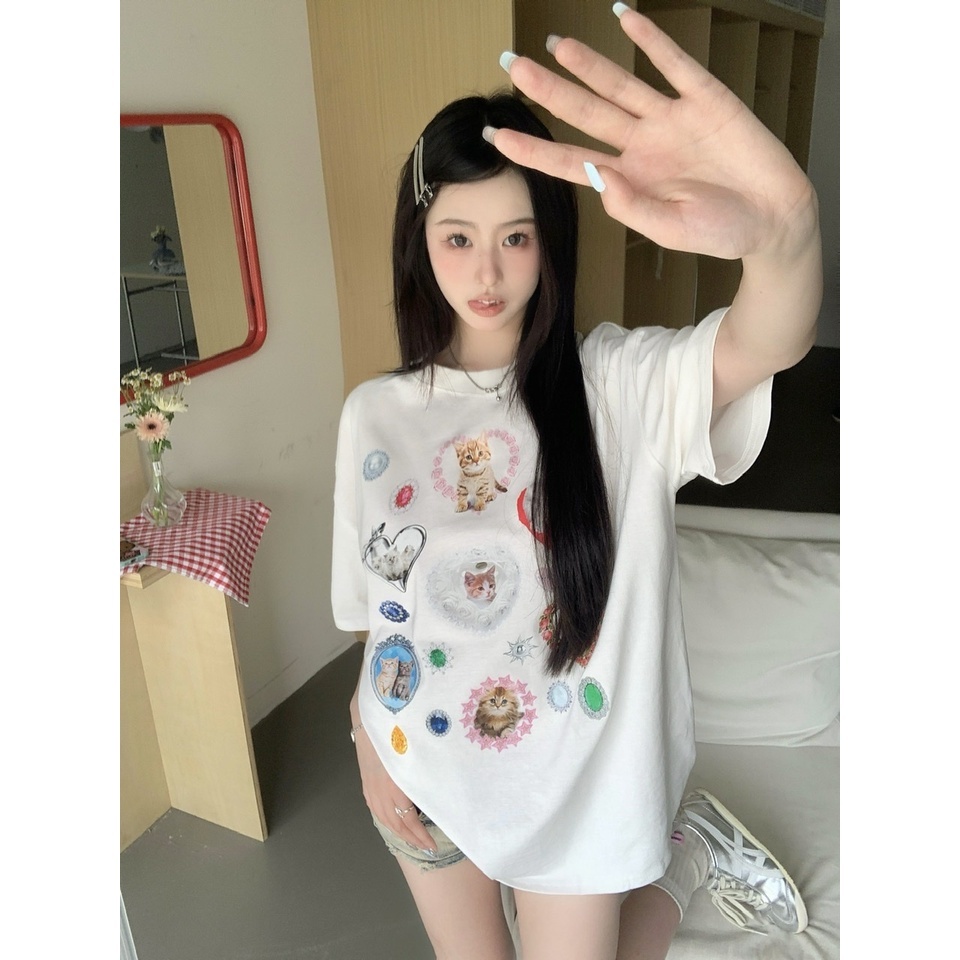 Áo Thun Dáng Rộng In Hình Chó Mèo Dễ Thương Thời Trang Mùa Hè Cho Nữ