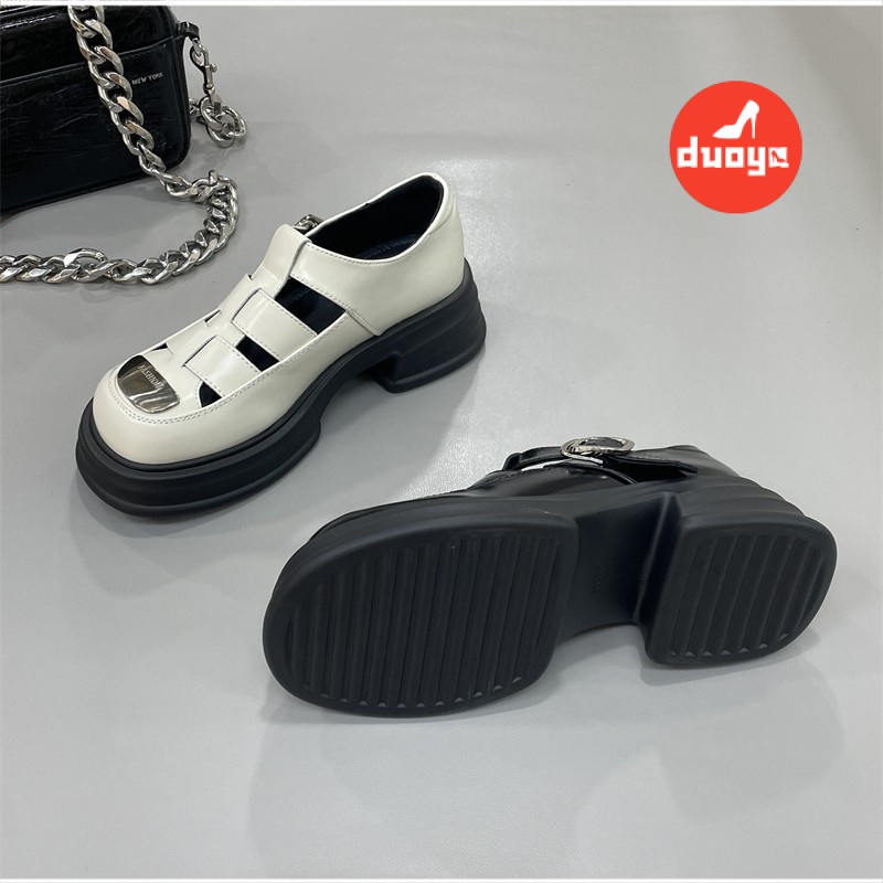 Duoya Tóc Thẳng ~ [Hàng Có Sẵn] Giày Sandal Đế Dày Bằng Da Thật Đế Kim Loại Rỗng Thoáng Khí Phong Cách La Mã Hợp Thời Trang Tăng Chiều Cao Miễn Phí Vận Chuyển