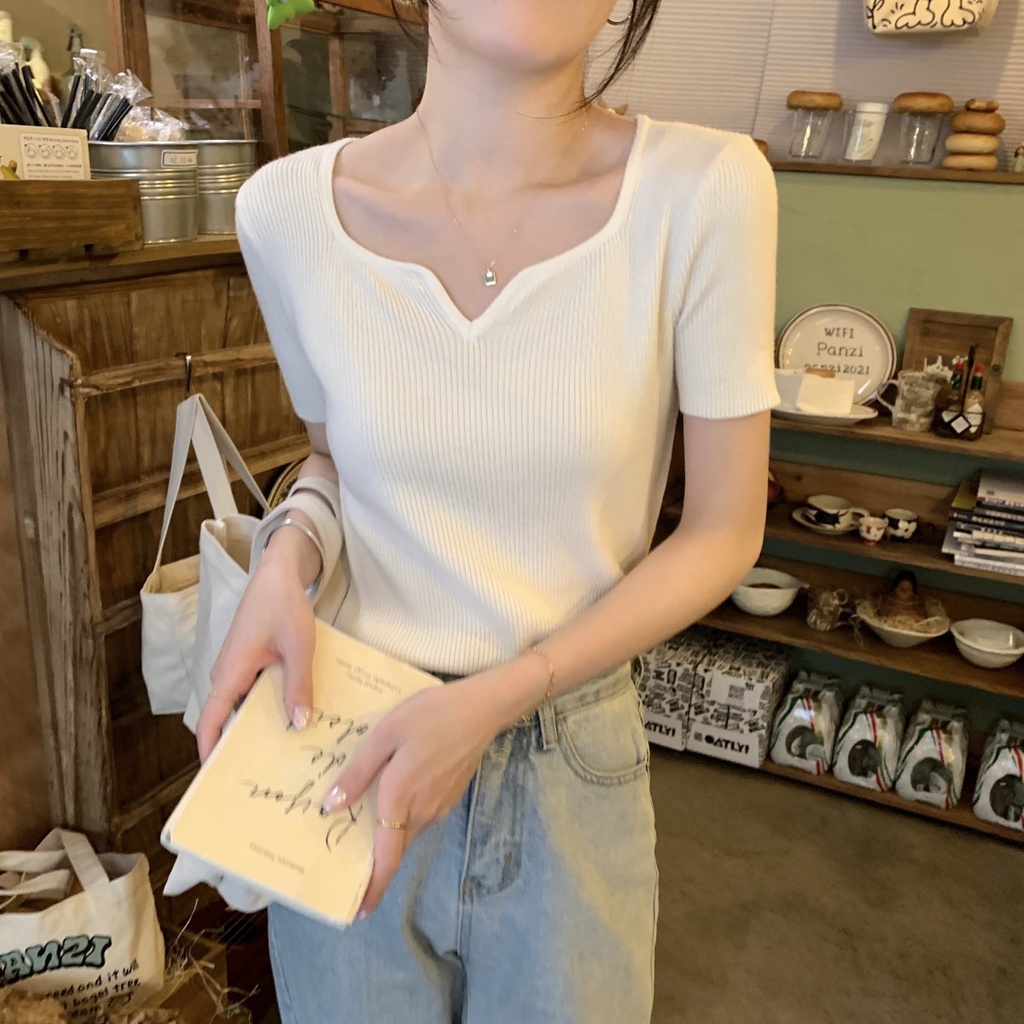 Áo Thun Tay Ngắn Cổ Chữ V Thời Trang Theo Phong Cách Pháp Cho Nữ