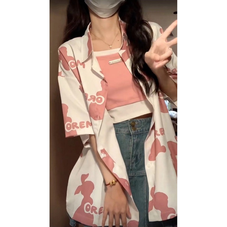 NRVP Áo Sơ Mi Nữ Ngắn Tay In Họa Tiết Độc Đáo Phong Cách Hàn Quốc Mới