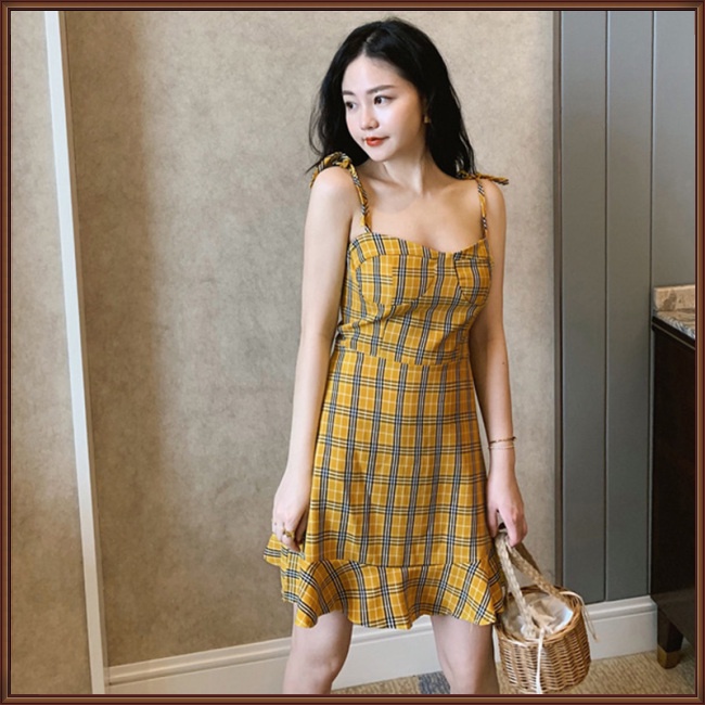 Đầm Dáng Ôm Họa Tiết Kẻ Sọc Màu Vàng Thời Trang Mùa Hè Cho Nữ