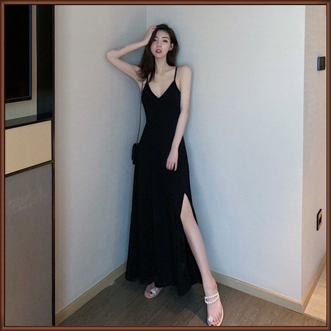 Đầm Hai Dây Cổ Chữ V Màu Sắc Đơn Giản Phong Cách Retro