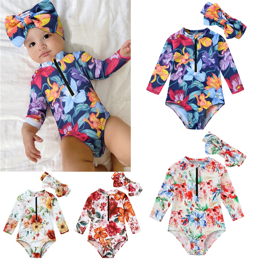Bộ Đồ Bơi Liền Thân Tay Dài + Băng Đô Cài Tóc In Hoa Xinh Xắn Cho Bé Gái 6-18 Tháng Tuổi