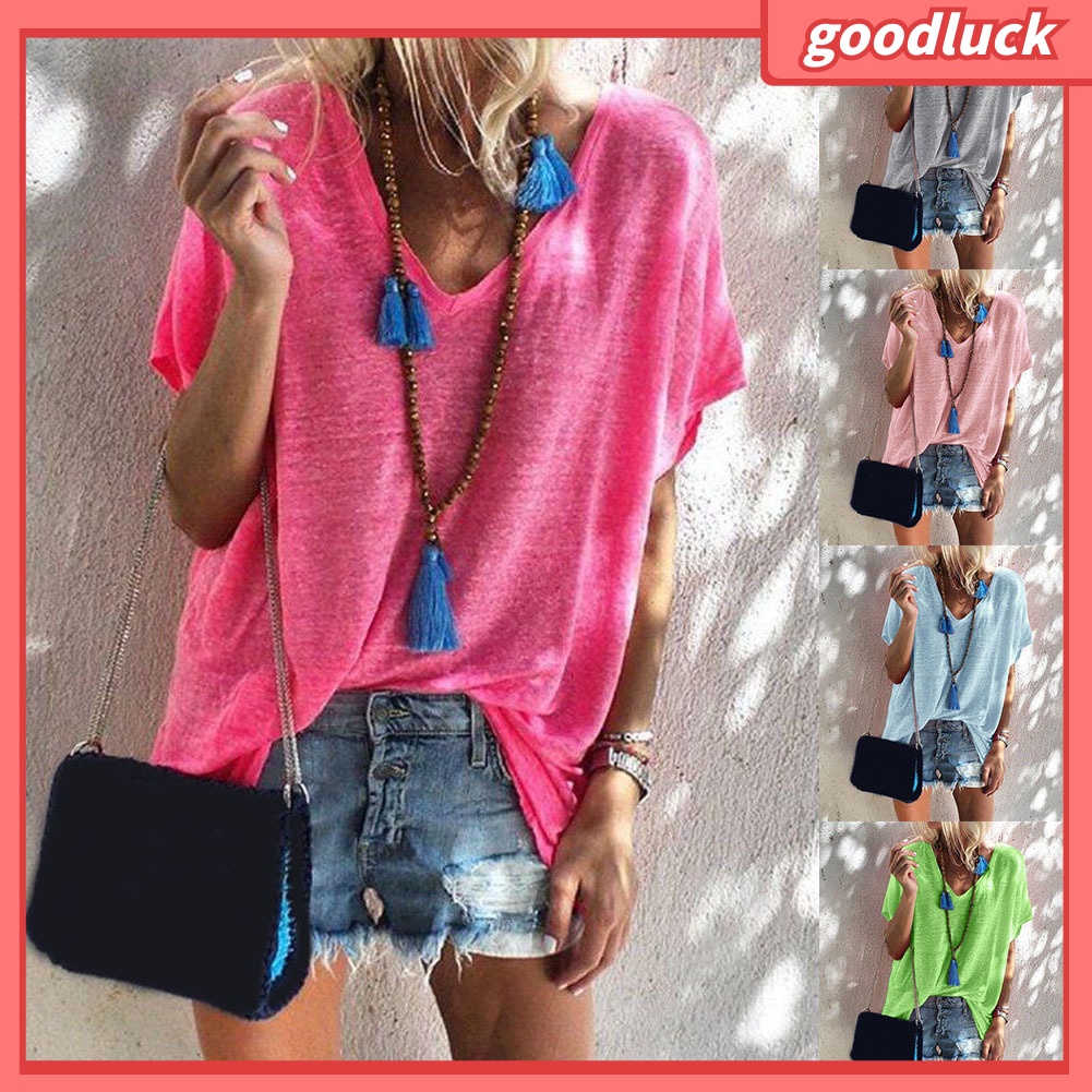 Áo Thun Tay Ngắn Cổ Chữ V Màu Sắc Đơn Giản Dành Cho Nữ