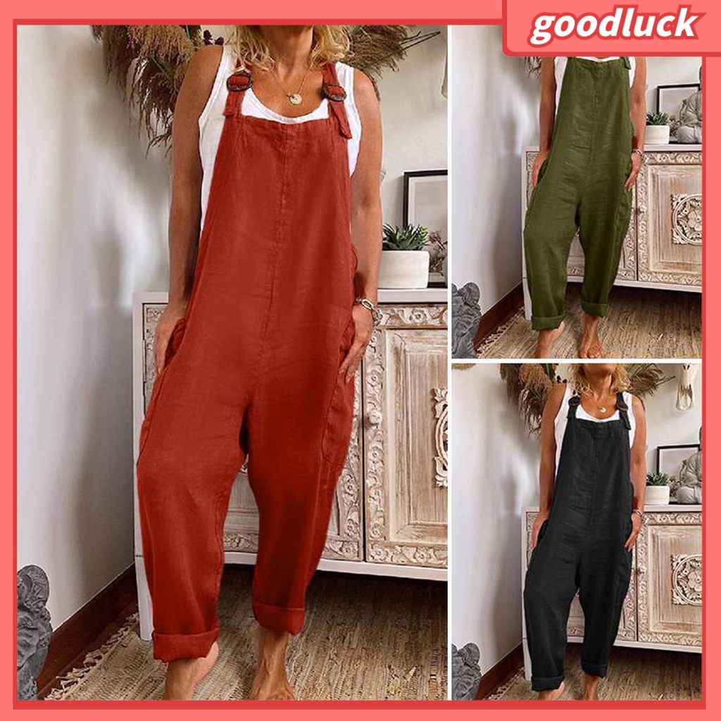 Bộ Áo Liền Quần Hai Dây Màu Trơn Ống Rộng Có Túi Tùy Chỉnh Thời Trang Cho Nữ