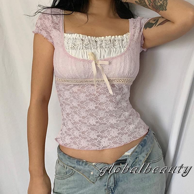 Áo Thun Ngắn Tay Phối Ren Trong Suốt Đính Nơ Thời Trang Mùa Hè Cho Nữ