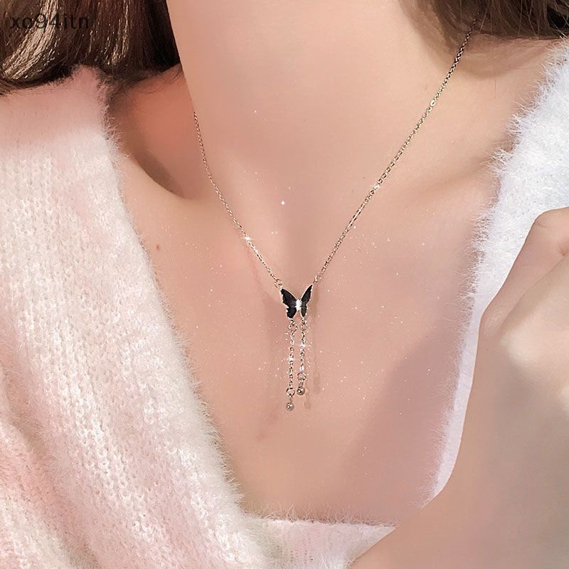 Vòng Cổ Dây Xích Tua Rua Nhiều Lớp Mặt Hình Bướm Màu Đen Phong Cách Cổ Điển Thời Trang Cho Nữ