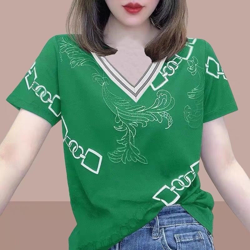 Áo Thun Cotton Ngắn Tay Cổ Chữ V Phối Màu Tương Phản Thiết Kế Mới Thời Trang Cho Nữ