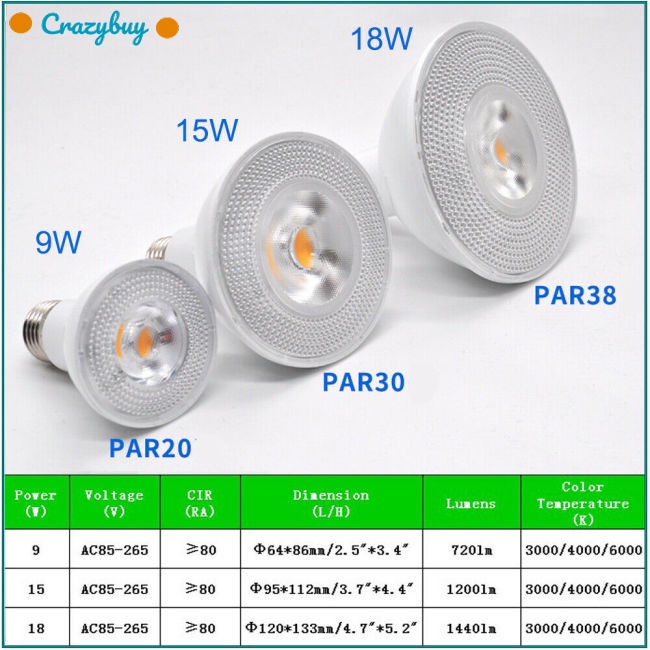 Cr Bóng Đèn LED 9W / 15W / 18W AC85-265V E27 PAR20 PAR30 PAR38