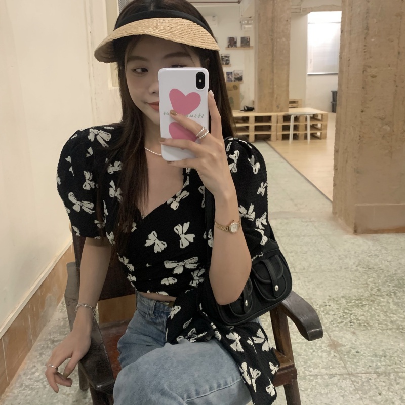 SUXI Áo Sơ Mi Chiffon Tay Ngắn Dáng Ôm In Họa Tiết Thắt Nơ Kiểu Vintage Xinh Xắn