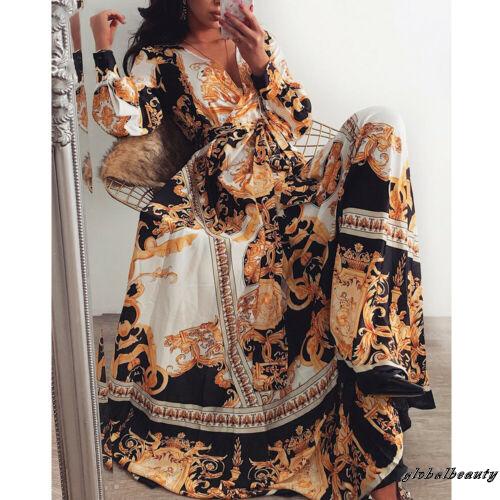 Đầm Dài Cổ Chữ V Eo Cao Tay Dài In Họa Tiết Hoa Phong Cách Boho Cổ Điển Dành Cho Nữ