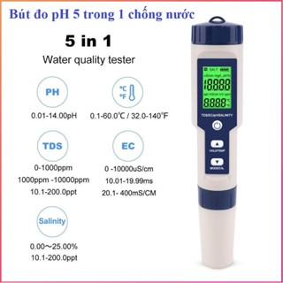 【FREESHIP Bút đo độ mặn của nước 5 trong 1 pH/TDS/EC/độ mặn/nhiệt độ kèm 3 gói pH chuẩn (Gửi đi miễn phí  Pin)