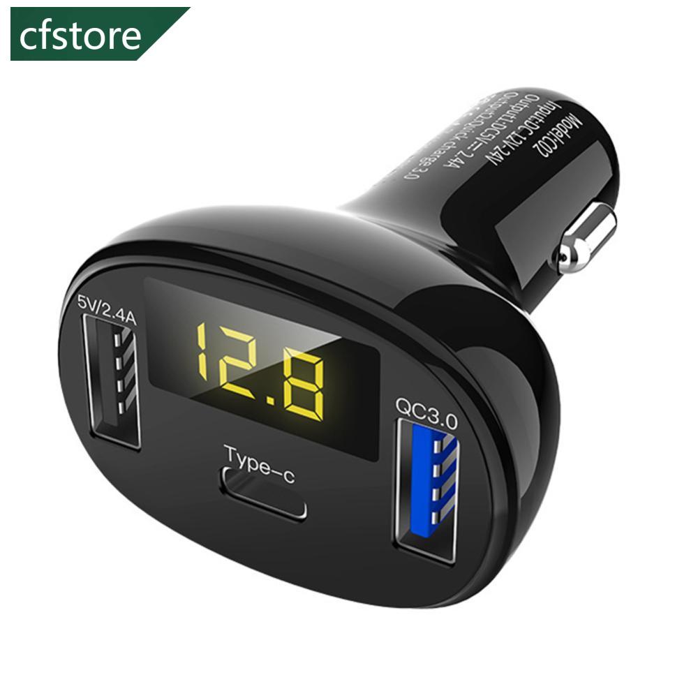 Cục Sạc Nhanh Type-C USB C QC3.0 QC2.0 Hiển Thị Điện Áp Z4P5 I8J6 Cho Xe Hơi 5V 12V 24V 2.4A 32W