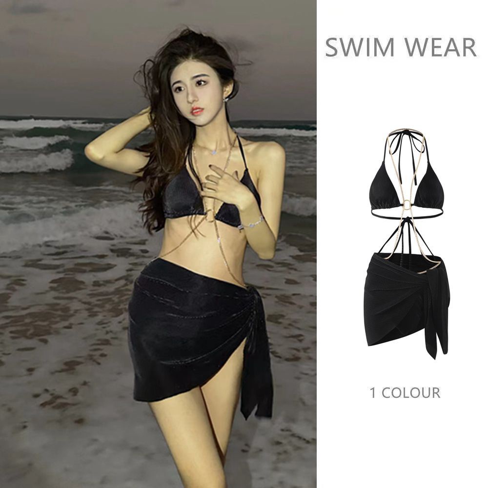 Bộ Đồ Bơi Bikini Ba Mảnh Tam Giác Dây Xích Màu Trơn Quyến Rũ Phong Cách Âu Mỹ Nóng Bỏng Mùa Xuân Dành Cho Nữ