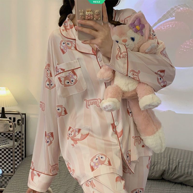 Bộ Đồ Ngủ Tay Dài Dáng Rộng In Họa Tiết Hoạt Hình Kiểu Hàn Quốc Thời Trang Xuân Thu Cho Nữ