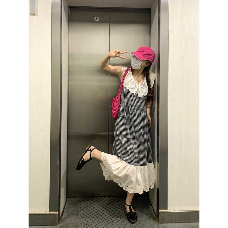 Đầm Dài Không Tay Cổ Búp Bê Họa Tiết Sọc Caro Ngọt Ngào Thời Trang Mùa Hè Theo Phong Cách Pháp Cho