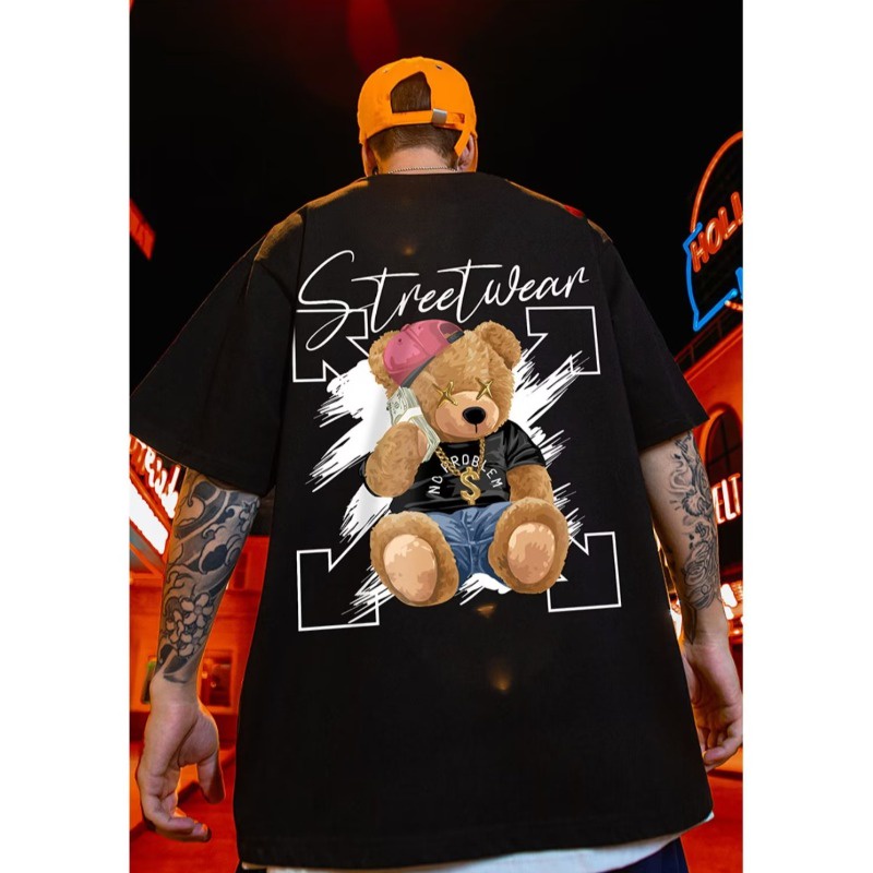 Áo Thun Cotton Mùa Hè Dáng Suông Tay Cộc Thoải Mái In Họa Tiết Gấu Bằng Vải Mềm Mại Cho Nam Cỡ M-8XL