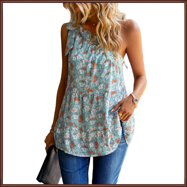 Áo Sơ Mi Nữ Không Tay Cổ Thắt Nơ Họa Tiết Hoa Dáng Rộng Thời Trang Mùa Hè