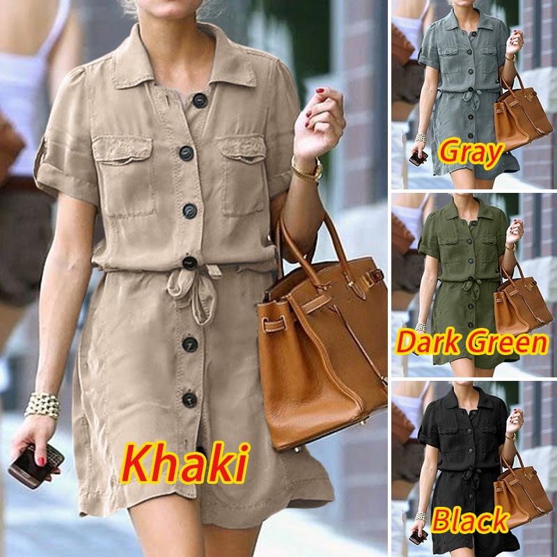 ZANZEA Đầm Nữ Ngắn Tay Cổ Bẻ Form Rộng Thời Trang Đường Phố Vintage