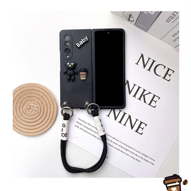 Thời Trang Ốp Điện Thoại Hình Gấu Uống Cà Phê Có Dây Đeo Tay Cho samsung galaxy z fold 5 4 3 5g