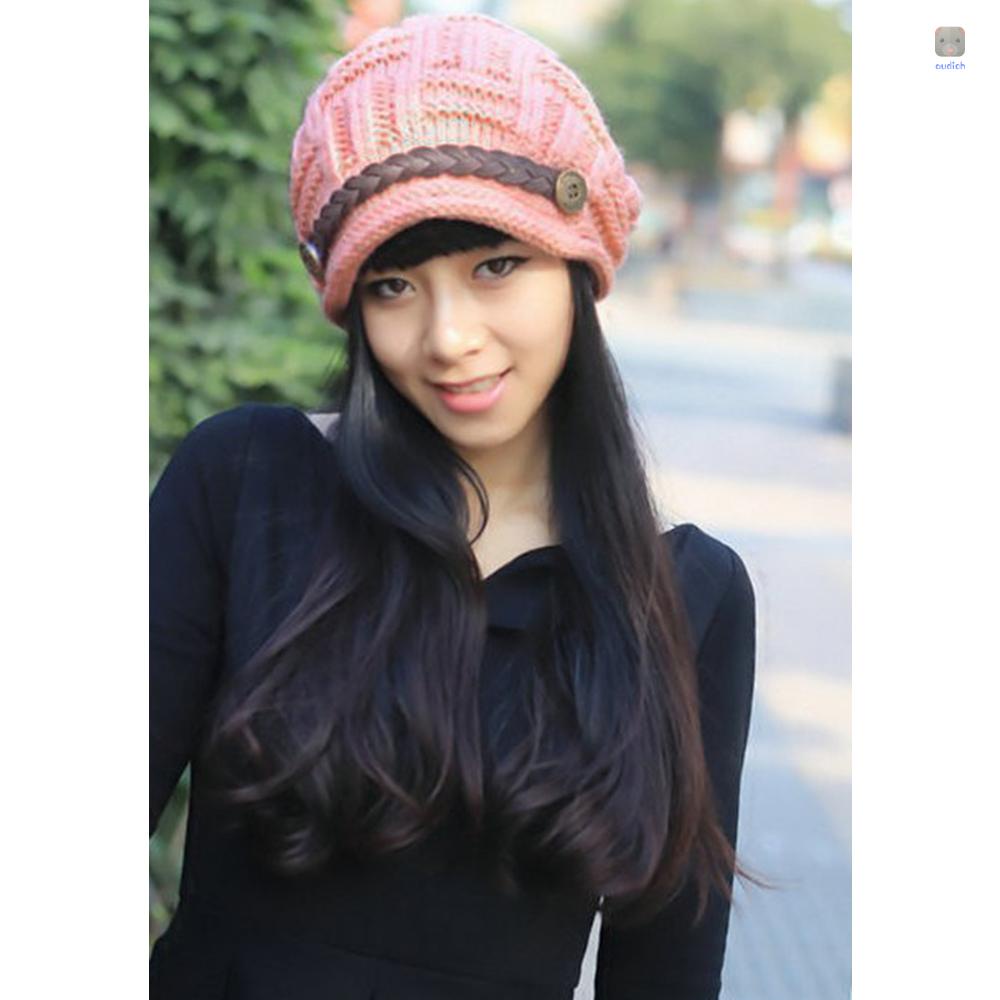 Mũ Len Beanie Dệt Kim Họa Tiết Kẻ Sọc Có Dây Thắt Lưng Bằng Da Thời Trang Mùa Đông Cho Nữ