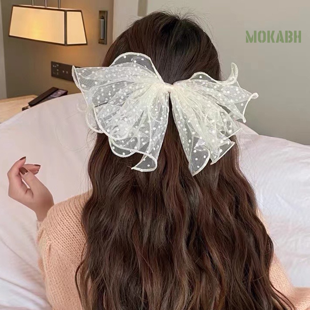 Kẹp Tóc Nơ Họa Tiết Chấm Bi Co Giãn Tốt Phong Cách Hàn Quốc Cho Nữ