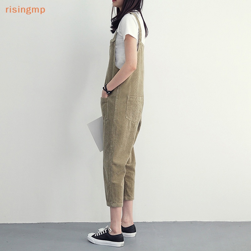 [risingmp] Quần Yếm Dáng Rộng Bằng Nhung Kẻ Màu Trơn Có Túi Phong Cách Hàn Quốc Giản Dị Dành Cho Nữ