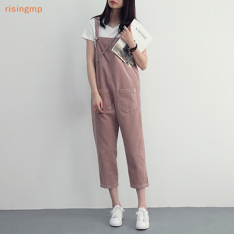 [risingmp] Quần Yếm Dáng Rộng Bằng Nhung Kẻ Màu Trơn Có Túi Phong Cách Hàn Quốc Giản Dị Dành Cho Nữ