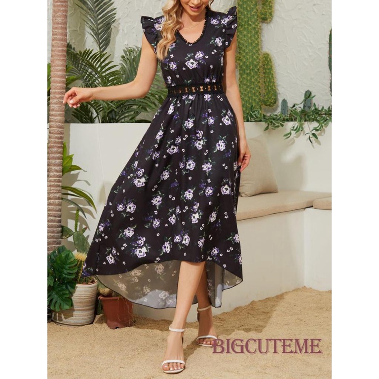 Đầm Dài Cổ Chữ V Tay Cánh Tiên In Họa Tiết Hoa Thanh Lịch Thời Trang Mùa Hè Dành Cho Nữ