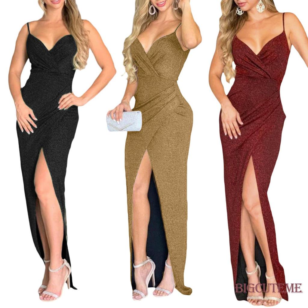 Đầm Dài Không Tay Cổ Chữ V Lấp Lánh Thời Trang Cho Nữ