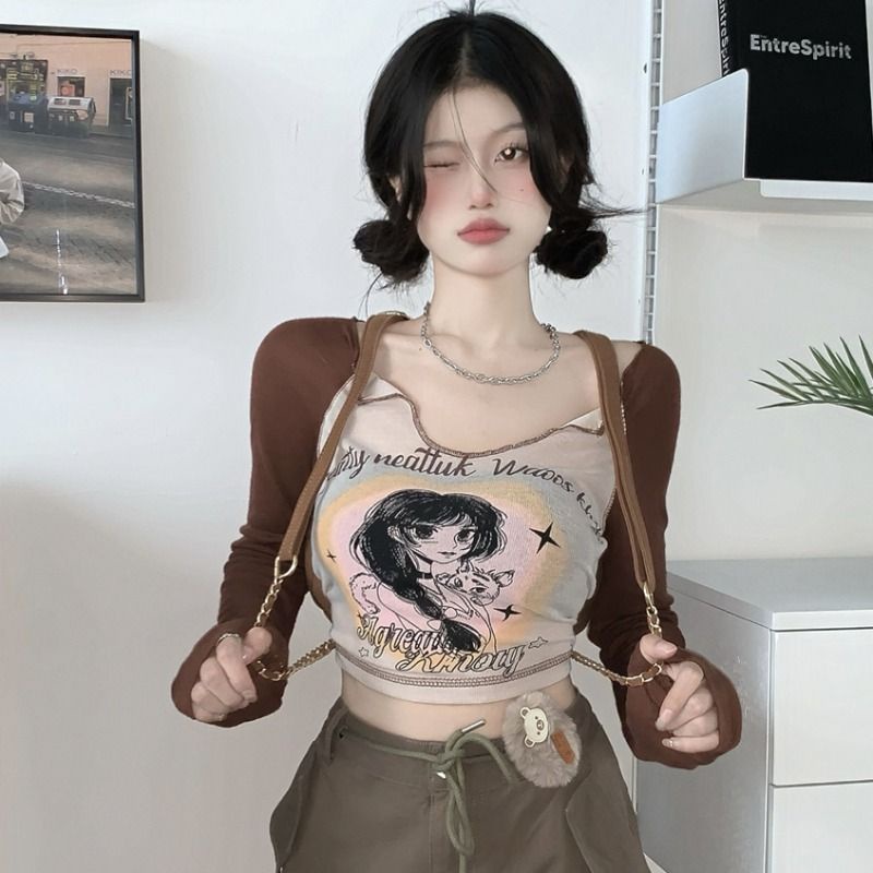 Áo baby tee Thun croptop Lửng Tay Dài Dáng Ôm Màu Sắc Tương Phản Thời Trang Cho Nữ