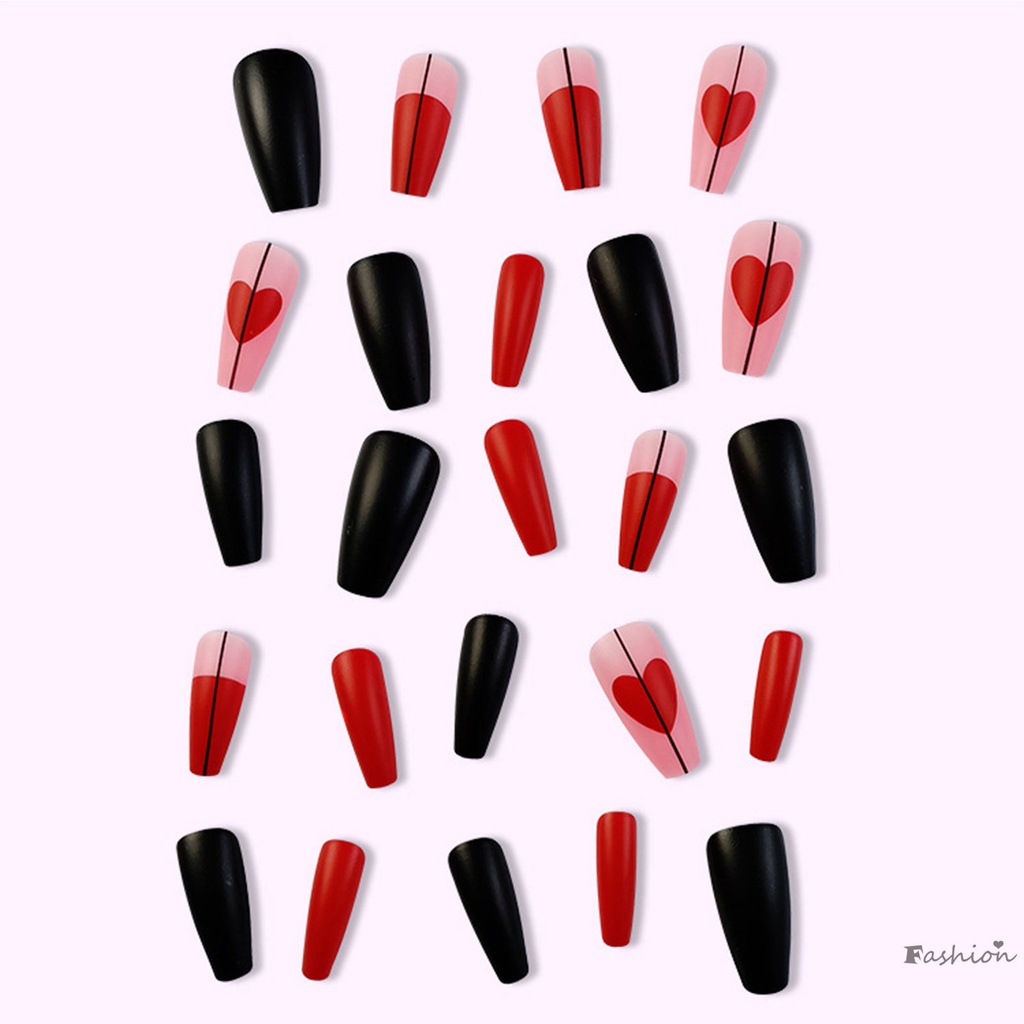 Móng Tay Giả Dài Màu Đỏ Đen Họa Tiết Trái Tim Có Thể Tái Sử Dụng