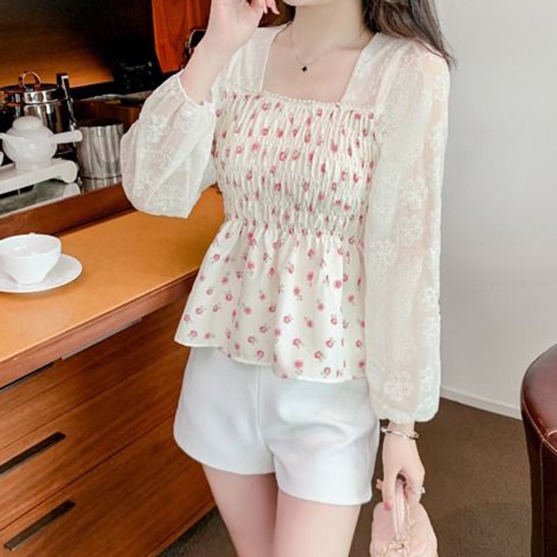 IELGY   Áo Sơ Mi Dài Tay Cổ Vuông Họa Tiết Hoa Phong Cách Pháp Thời Trang Cho Nữ